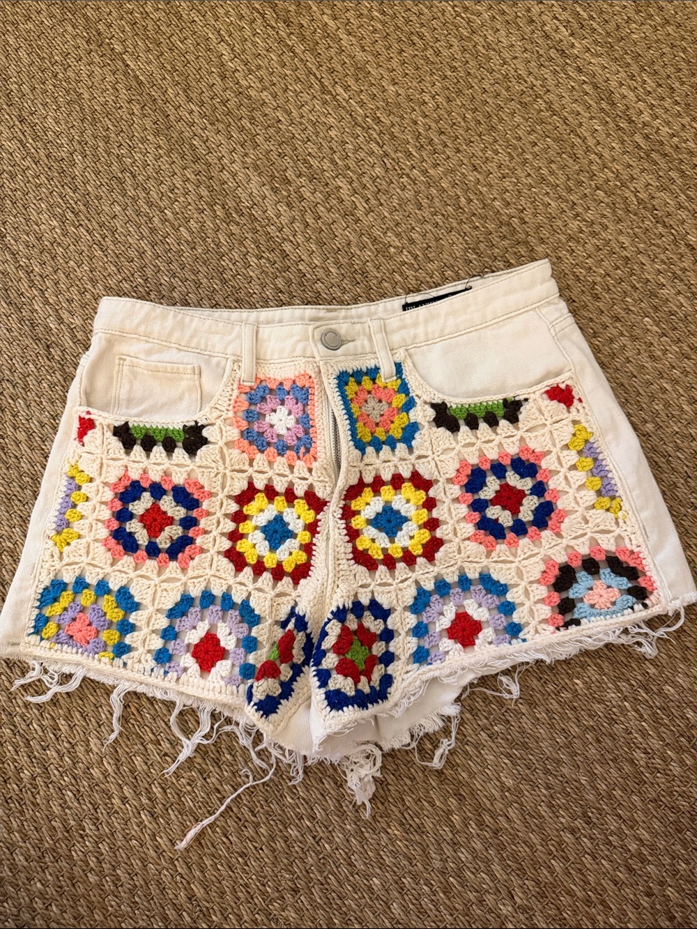Blank NYC White Denim Shorts with Multicolor Crochet Squares
